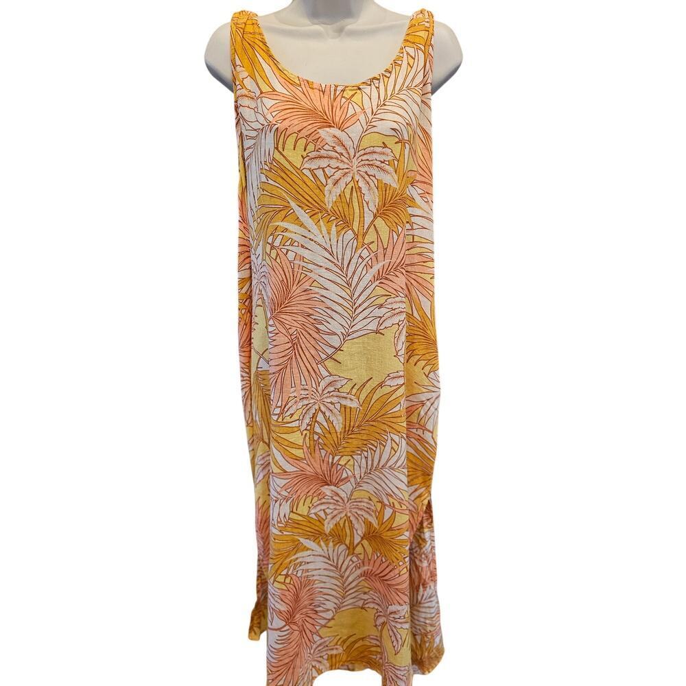 Tahari size L 100% linen colorful pocket maxi dress floral bright side slit EUC